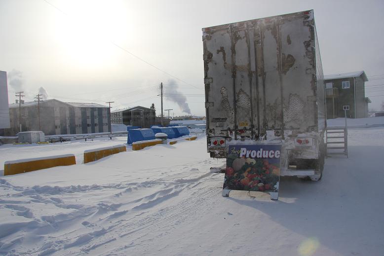 Bill Rutherford’s portable produce store set up in a downtown Inuvik parking lot. Photo: Eilís Quinn