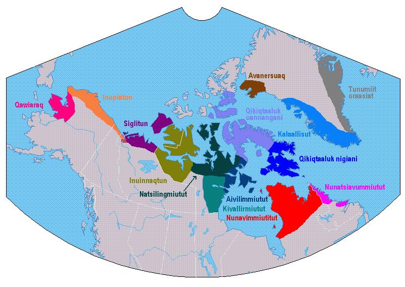 Map showing principal Inuit language dialect groups in the Arctic. Many linguists still disagree on the number of Inuit language dialects in the Arctic and how they the should be defined. Photo courtesy Wikimedia commons. Licensed under Creative Commons - Share Alike License.