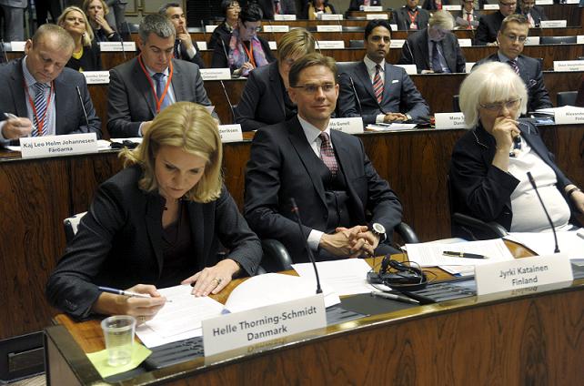 Denmark's Prime Minister Helle Thorning-Schmidt (front row L), Finland's Prime Minister Jyrki Katainen and Iceland's Prime Minister Johanna Sigurdardottir attend the Nordic Council's 64th Session in the Finnish Parliament in Helsinki. Nordic foreign ministers meet on October 31. AFP PHOTO/ LEHTIKUVA / Markku Ulander 