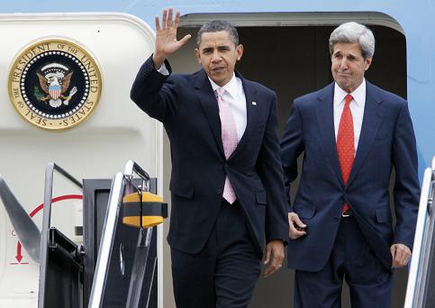 President Barack Obama and Sen. John Kerry, D-Mass. arrive at Logan International Airport in Boston, Friday, Oct. 23, 2009. (AP Photo/Michael Dwyer)