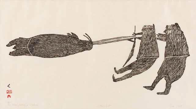 Parr (1893-1969) m. Printmaker: Lukta Qiatsuq (1928-2004) m., Cape Dorset , Men Pulling a Walrus, 1964 #60, stonecut, 41/50, 12.75 x 23 in, 32.3 x 58.4 cm sight, 21 x 31 in, 53.3 x 78.7 cm framed Est. $2,500/3,500 Image: Walkers Auctions