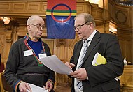 Preseident of the Sami parliament, Stefan Mikaelsson (left) with Swedish agriculture minister, Eskil Erlandsson, at the Swedish parliament