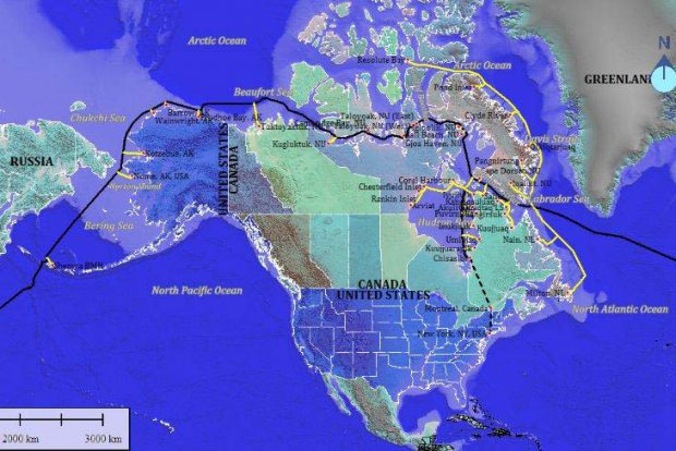 The conceivable Northwest Passage route of a fiber optic backbone that would revolutionize how Alaskans all along the coast access the Internet. Courtesy Arctic Fibre - Alaska Dispatch.