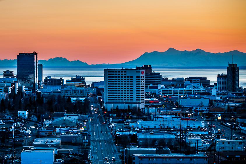 Aerial view of downtown Anchorage, Alaska at sunset on April 25, 2012. Loren Holmes photo 