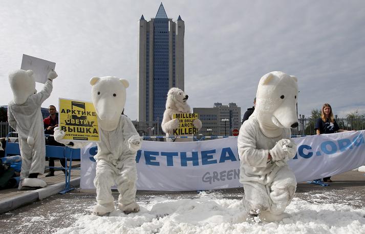 Greenpeace activists outside Gazprom's headquarters. AP Photo/Misha Japaridze.