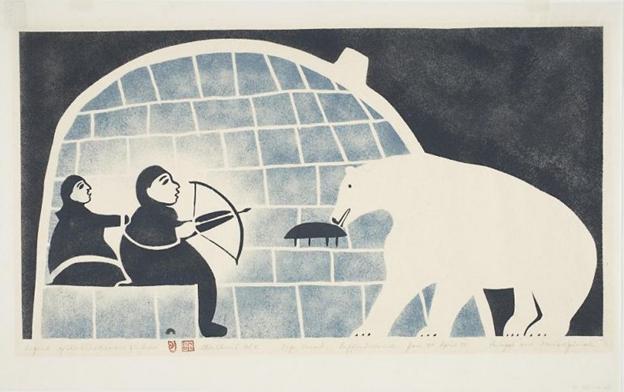 Legend of the Blind Man and the Bear by Cape Dorset artist Joseph Pootoogook (1959). The community of Cape Dorset, located in Canada's eastern Arctic Nunavut territory, is famous for its print program. Image courtesy of Dorset Fine Arts. CLICK TO VIEW FULL IMAGE