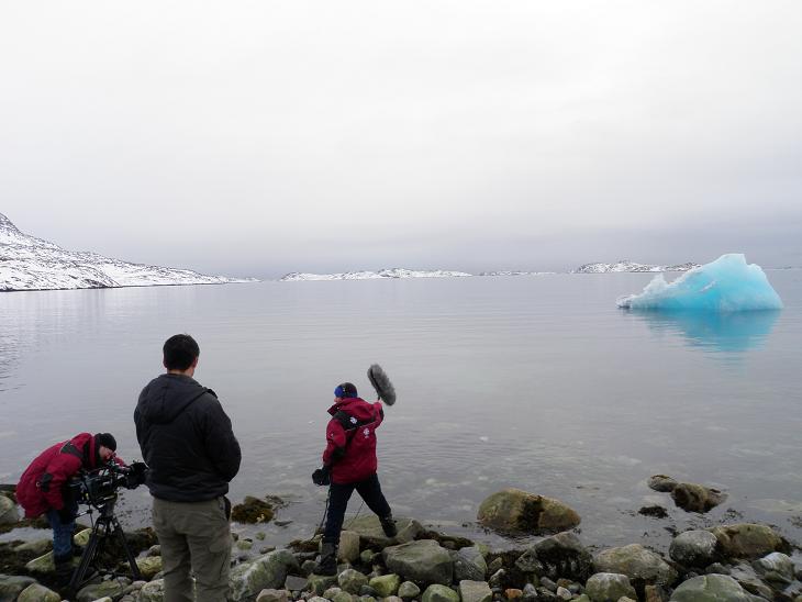 Luc and Jean filming in Nuuk while our translator and guide Piitaaraq looks on. Photo: Eilis Quinn