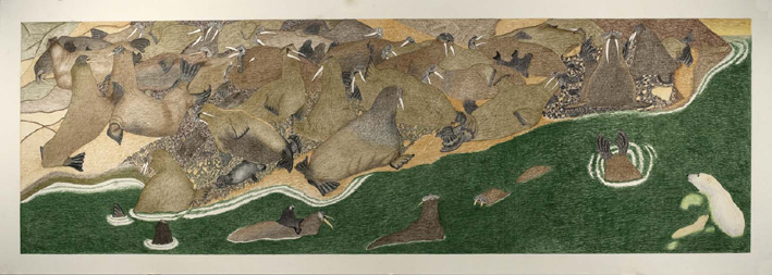 Drawing (2009-2010) by Kananginak Pootoogook. The artist had recently begun experimenting with large format drawings like this one. Image courtesy of Dorset Fine Arts.