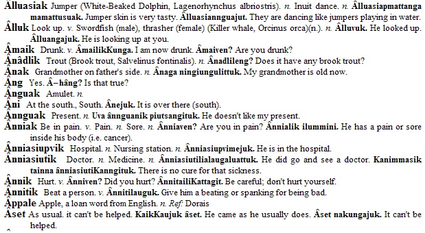 Excerpt from Inuttut-English dictionary compiled by linguist Paul Pigott. Pigott raised his daughter, now 10 years old, in Inuttut. He was inspired to create the dictionary for her. Screenshot with permission from Paul Pigott.