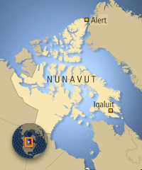 Smitheringale was found Thursday evening on an ice pan about 200 kilometres north of Alert, on Ellesmere Island in Nunavut. (CBC) CLICK ON IMAGE FOR FULL MAP.