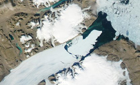 This U.S. National Aeronautics and Space Administration map shows a large piece of Greenland's Petermann Glacier breaking away on Aug. 5. (Courtesy NASA)