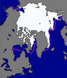 The U.S. National Snow and Ice Data Center's Arctic sea ice extent map for November 2010. The pink line marks the average ice extent for November between 1979 and 2000. (National Snow and Ice Data Center)