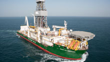 The Ocean Rig Corcovado, one of two drilling vessels Cairn Energy PLC is using this summer to explore for oil and gas off Greenland's western coast. The other vessel, the Leiv Eiriksson rig, was discovered by Greenpeace activists late Monday night. (Cairn Energy PLC)