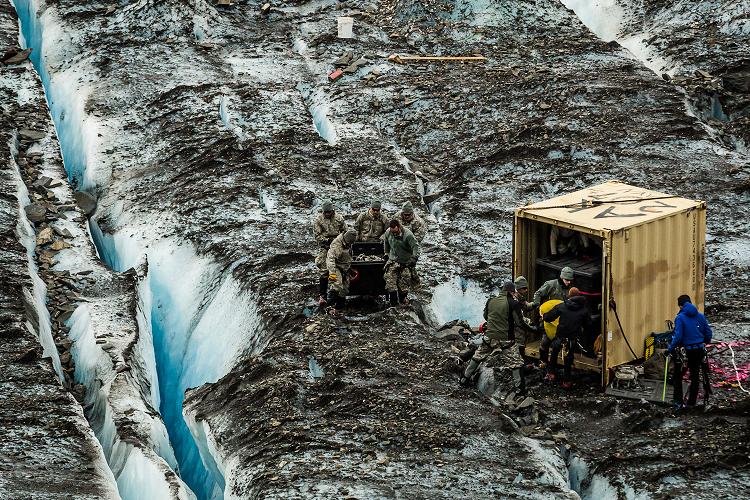 Military personnel recovering the remains of a C-124 airplane that crashed on Colony glacier in 1952. July 12, 2012. Photo: Loren Holmes. Alaska Dispatch.