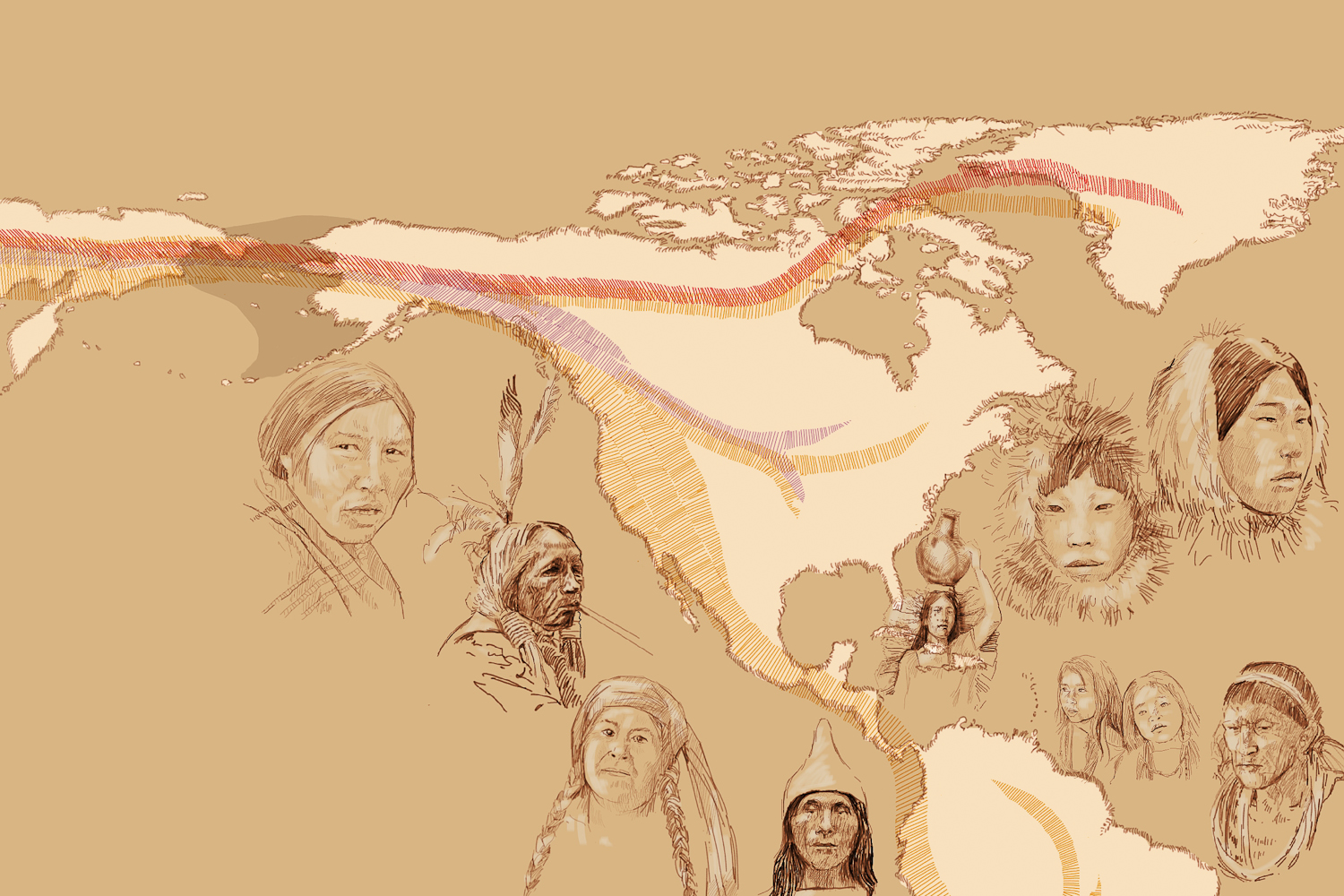 A genome screening study reveals that the Americas were peopled by at least three streams of migration from Asia. This sketch by Emiliano Bellini illustrates the findings of an initial peopling along a coastal route, followed by two subsequent Asian migrations that mixed with the first migrants to the Americas to give rise to a number of present-day North American populations. The drawings are based on photographs of Native Americans from the Arctic to Tierra del Fuego. Illustration: Emiliano Bellini. Alaska Dispatch.  
