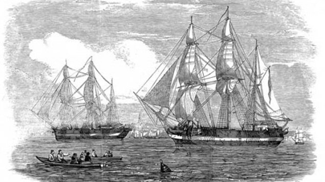 HMS Erebus and HMS Terror, shown in the Illustrated London News published on May 24, 1845, left England that year under the command of Sir John Franklin and in the search of the Northwest Passage. (Illustrated London News/Getty Images)