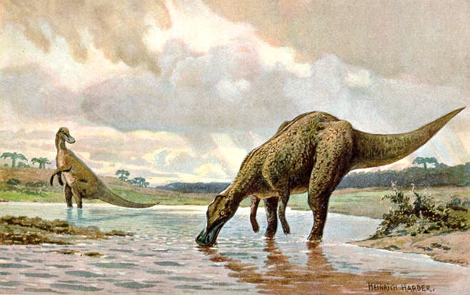 This 1916 painting by the German artist Heinrich Harder depicts a Hadrosaur. From a set of 30 paintings entitled 