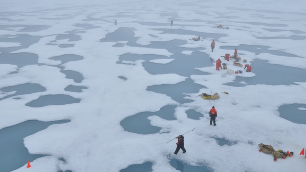 Researchers from the ICESCAPE (Impacts of Climate on EcoSystems and Chemistry of the Arctic Pacific Environment) research project out on the Arctic sea ice of the Chukchi Sea. Melt ponds can be seen throughout the ice, a sign the ice pack is thinning. The melt ponds allow more light to penetrate the ice and are part of the reason why algae has been able to grow underneath the ice. (Gert van Dijken)