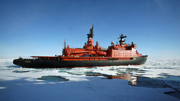  Rossiya nuclear icebreaker navigates back from the North Pole after providing support to a Russian minisubmarine mission to the Arctic Ocean floor in August 2007. Two small Russian submarines went to the floor of the Arctic Ocean in support of Kremlin efforts to claim the energy wealth beneath the region and rebuild Russia's status as a great power. (Vladimir Chistyakov/Associated Press)