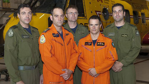 2012 Cormorant Trophy Winners (left to right): Captain Dean Vey (co-pilot), Sergeant Daniel Villeneuve (SAR Tech team lead), Sergeant Brad Hiscock (flight engineer), Master Corporal Shawn Bretschneider (SAR Tech team member) and Captain Aaron Noble (aircraft commander). (Canadian Forces)