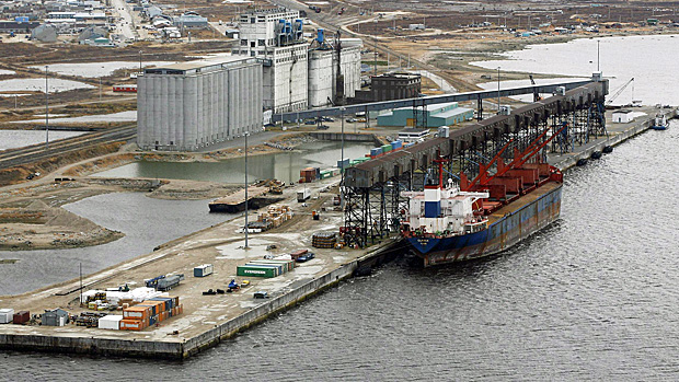 An aerial view of the port of Churchill, Manitoba. The port has seen a sharp uptick in its business in recent years, as it diversifies from its grain-handling origins. (John Woods)