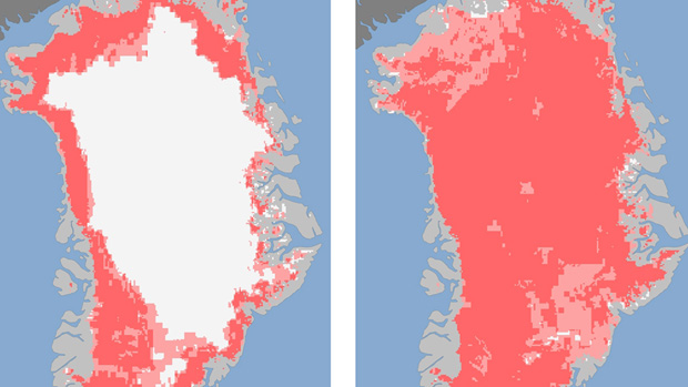 Three satellites showed that on July 8, about 40 per cent of the ice sheet had undergone thawing at or near the surface and by July 12 an estimated 97 per cent of the ice sheet had begun melting. (NASA/Associated Press)