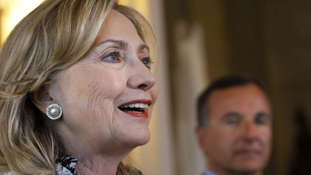 U.S. Secretary of State Hillary Clinton, left, talks to reporters in Rome on May 5, while Italian Foreign Minister Franco Frattini looks on. Clinton is attending the Arctic Council's ministerial meeting in Nuuk, Greenland, on Thursday. (Jacquelyn Martin/Pool/Associated Press)