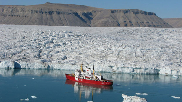 The Canadian Cost Guard ship Des Groseilliers, seen here in the Bay of Strathcona off the coast of Baffin Island in Nunavut, helped to rescue a person who was on a resupply ship who needed medical help. (Fisheries and Oceans Canada) CBC.ca 