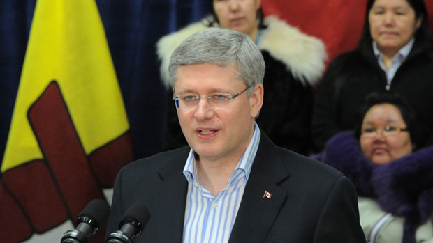 Prime Minister Stephen Harper makes an announcement in front of students at the Nunavut Arctic College in Iqaluit, Nunavut on Thursday, February 23, 2012. The funding is aimed at helping adults in the North finish school and upgrade their skills. (Sean Kilpatrick/The Canadian Press)