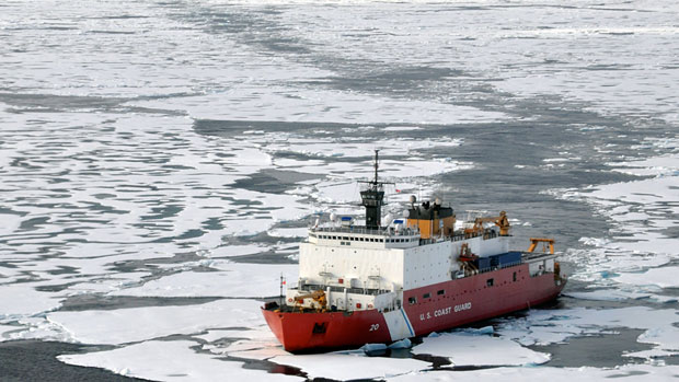 In this Aug. 24, 2009 picture provided by the U.S. Coast Guard, the U.S. Coast Guard Cutter Healy breaks ice ahead of the Canadian Coast Guard Ship Louis S. St-Laurent in the Arctic Ocean. (AP Photo/U.S. Coast Guard, Petty Officer Patrick Kelley)