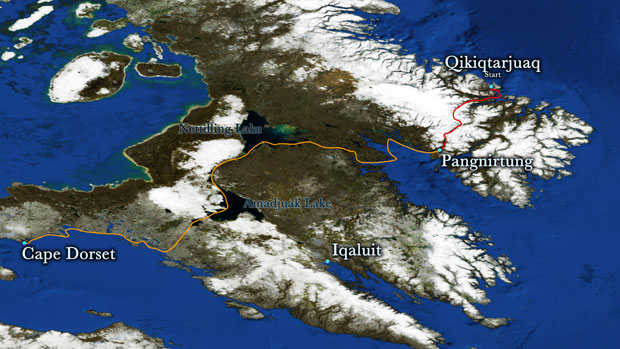 The siblings and their two teammates will travel about 1,000 kilometres from Qikiqtarjuaq to Cape Dorset in Nunavut. (Submitted map) CBC.ca 