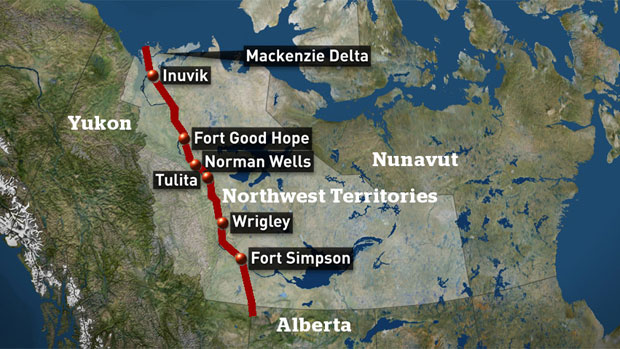 If built, the Mackenzie Valley natural gas pipeline would transport natural gas from anchor fields in the Beaufort Sea, through the N.W.T.'s Mackenzie River Valley to a hub in northern Alberta, where it would connect with existing networks. Image CBC.