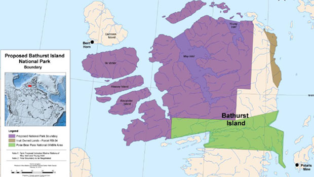 The proposed park boundaries are shaded in purple, the brown shading is Inuit-owned land and the green area is the Polar Bear Pass National Wildlife Area. (Parks Canada Map)