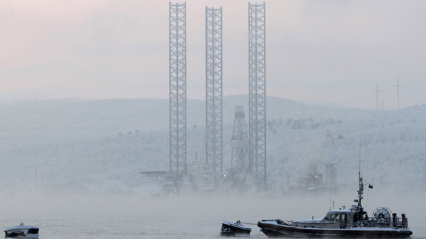 The Kolskaya oil drilling rig, shown in the Kola Bay near Russia's northern seaport of Murmansk on Nov. 27, 2010, capsized and sank off the Russian Far East island of Sakhalin on Sunday. (Andrei Pronin/Reuters)