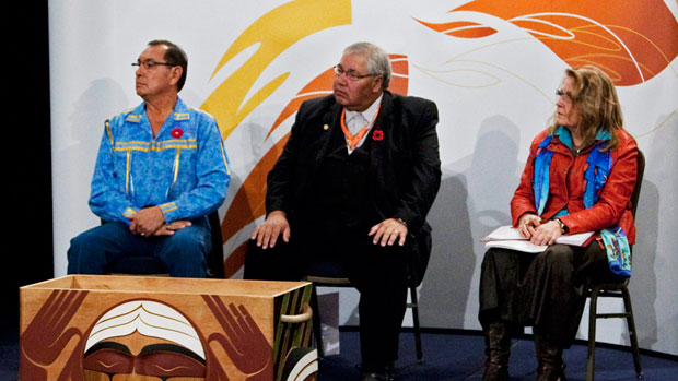 Commissioners Chief Wilton Littlechild, Justice Murray Sinclair and Marie Wilson, left to right, listen to testimonials as the Truth and Reconciliation Commission holds its third round of national hearings in Halifax on Oct. 29, 2011. (Canadian Press)