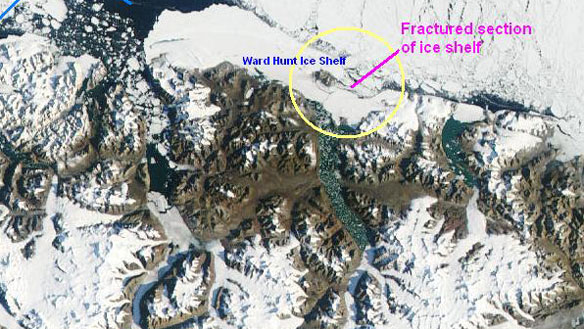 The chunk of ice that broke off from the Ward Hunt Ice Shelf on Aug. 18 is circled in the above image. The ice shelf extends from the northern coast of Ellesmere Island, which is visible in the bottom two-thirds of this satellite image. (NASA/GSFC, MODIS Rapid Response)