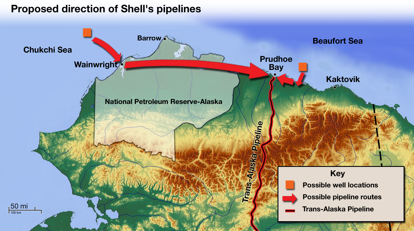 Royal Dutch Shell has already begun studying land and sea features to determine the best route and depth to place at least 400 miles of pipelines that can carry crude oil to the trans-Alaska pipeline. The company is considering several options across a wide swath of ocean and tundra. This map was created to provide a general idea of the direction those pipelines will take. Aaron Jansen illustration. Alaska Dispatch. 