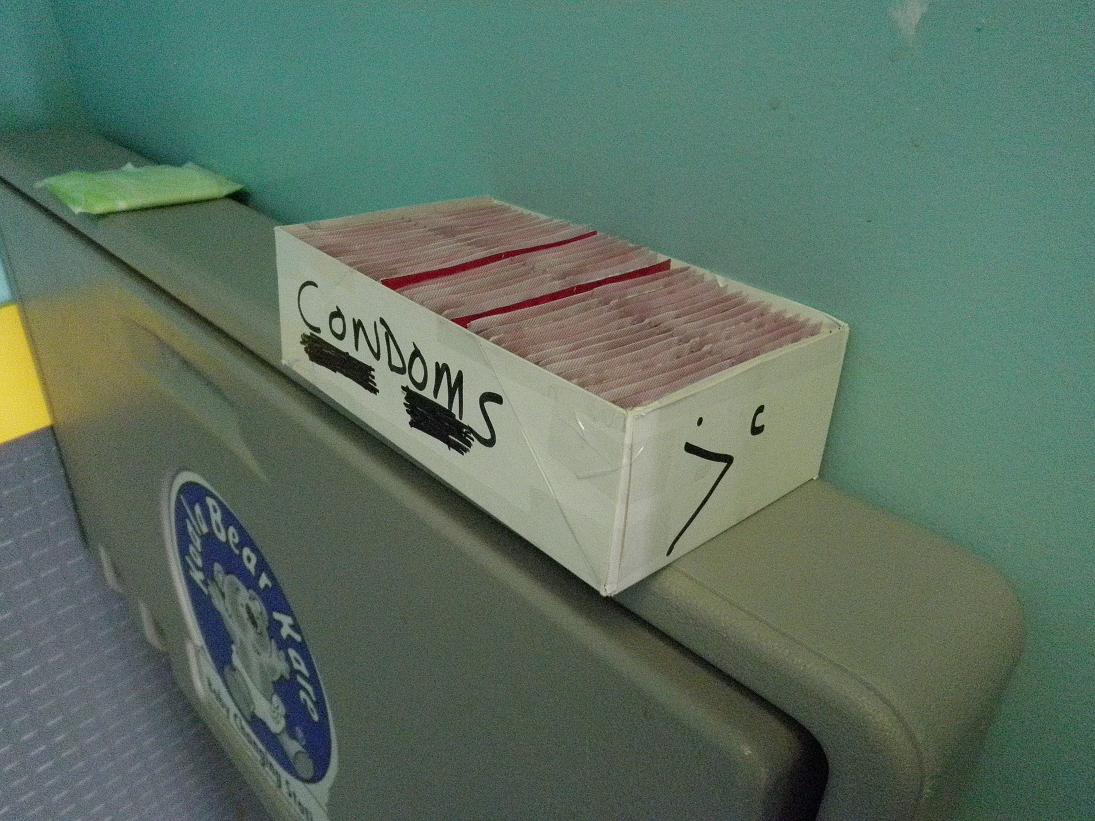 Free condoms like these are found in places like the Akulivik airport washroom. Photo by Eilís Quinn.