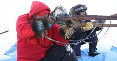 Canadian Rangers practice shooting their Lee Enfield rifles from a kneeling position. Photo by Levon Sevunts.