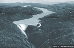 An illustration of the what the Susitna Dam may look like, if ever built. The proposed project received $95.2 million in Alaska's capital budget, which totaled $2.2 billion, down nearly $1 billion from the previous year. (State of Alaska illustration / Alaska Dispatch)
