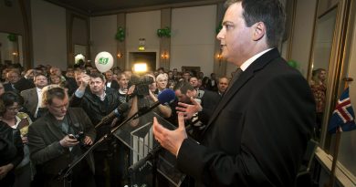 Progressive Party chief Sigmundur David Gunnlaugsson speaks to supporters following general elections on Saturday, April 27, 2013, in Reykjavik, Iceland. Five years after Iceland's economic collapse, early returns signaled that voters are favoring the return of a center-right, Eurosceptic government, widely blamed for the nation's financial woes. (Brynjar Gauti / AP Photo)