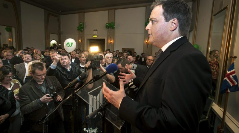 Progressive Party chief Sigmundur David Gunnlaugsson speaks to supporters following general elections on Saturday, April 27, 2013, in Reykjavik, Iceland. Five years after Iceland's economic collapse, early returns signaled that voters are favoring the return of a center-right, Eurosceptic government, widely blamed for the nation's financial woes. (Brynjar Gauti / AP Photo)