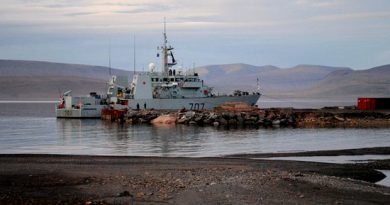 The HMCS Goose Bay is moored at the future site of the Nanisivik Naval Facility during the 2010 military Operation Nanook. Northern Development Minister Bernard Valcourt is asking the military to clarify parts of the proposal for the facility and then re-submit it to Nunavut regulators for review. (The Canadian Press)