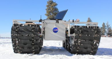 A prototype of GROVER, minus its solar panels, was tested in January 2012 at a ski resort in Idaho. The laptop in the picture is for testing purposes only and is not mounted on the final prototype. (Gabriel Trisca, Boise State University, NASA)