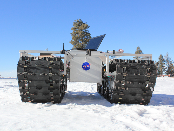 A prototype of GROVER, minus its solar panels, was tested in January 2012 at a ski resort in Idaho. The laptop in the picture is for testing purposes only and is not mounted on the final prototype. (Gabriel Trisca, Boise State University, NASA)