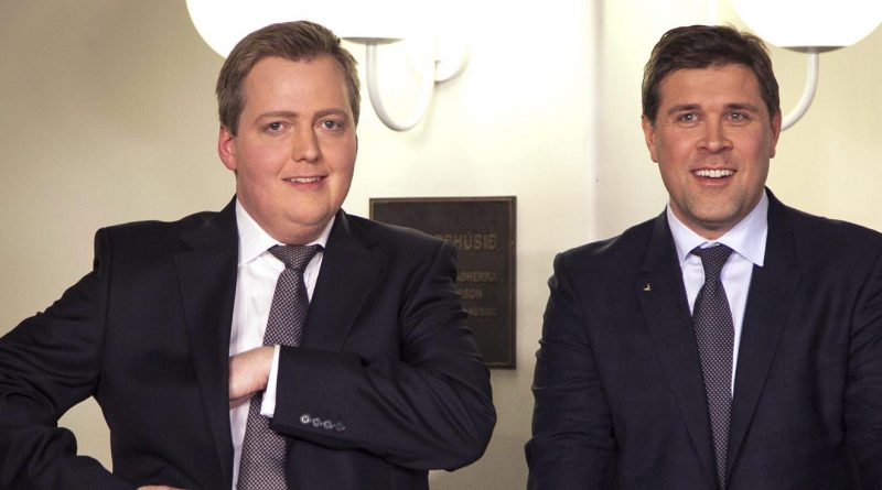 Chairman of the Progressive Party Sigmundur David Gunnlaugsson, left, and Independence leader Party Bjarni Benediktsson pose together following general elections on Saturday, April 27, 2013, in Reykjavik, Iceland. (Brynjar Gauti / AP)