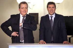 Chairman of the Progressive Party Sigmundur David Gunnlaugsson, left, and Independence leader Party Bjarni Benediktsson pose together following general elections on Saturday, April 27, 2013, in Reykjavik, Iceland. (Brynjar Gauti / AP)