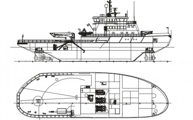 The asymmetrical shape and rotating thrusters of Aker Arctic's oblique icebreaker allows the vessel to move sideways as well as forward and backward. (Aker Arctic promotional material)