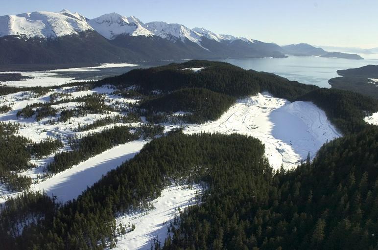 In this Feb. 1, 2007 picture, snow covers Lower Slate Lake, right, in the Tongass National Forest. (Michael Penn / The Juneau Empire / AP Photo )