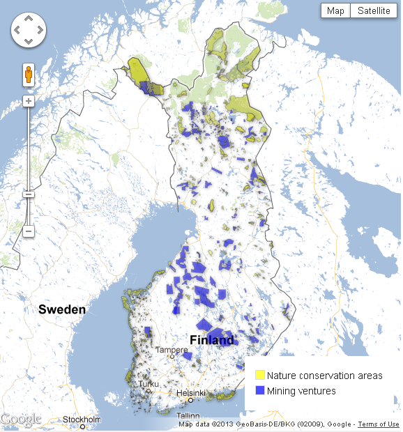 This map shows Finnish nature conservation areas overlaid with mining ventures. You can specify which areas to show by selecting options from the top of the map. More specific information is available by clicking on each area. The mining project information was last updated on January 25, 2013. Some areas only become visible by zooming in on the map.Source: Tukes, Ympäristöministeriö, Metsähallitus 